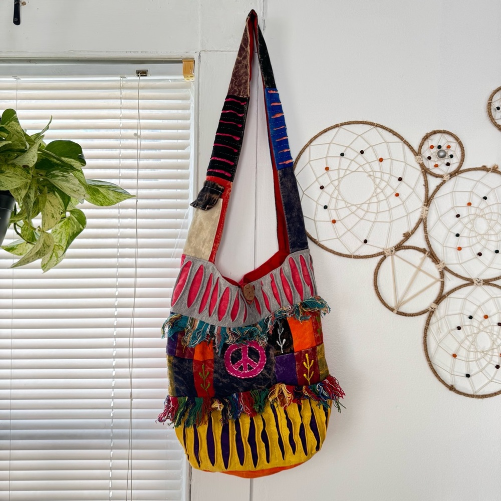 HIPPIE PEACE SIGN PATCHWORK COTTON TOTE